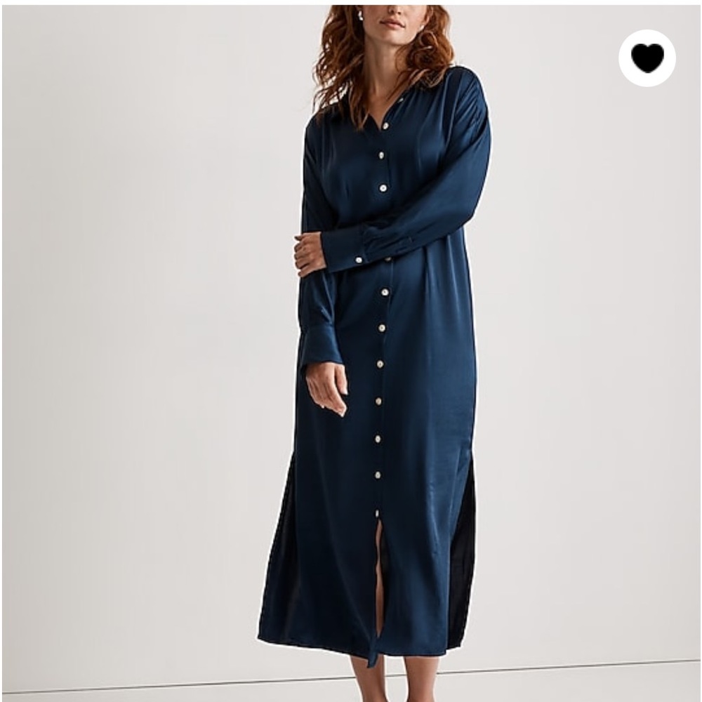 Satin button Front long sleeve midi dress